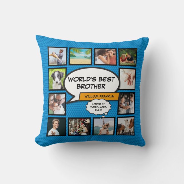 World Best Brother Foto Collage Blue Fun Comic Kissen (Vorderseite)