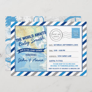 World erwartet Baby Shower Invitation Blue Postcar Einladung