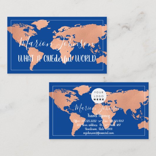 World Globe Map Reiseagentur Copper Rose Fame Blu Visitenkarte (Vorne/Hinten)