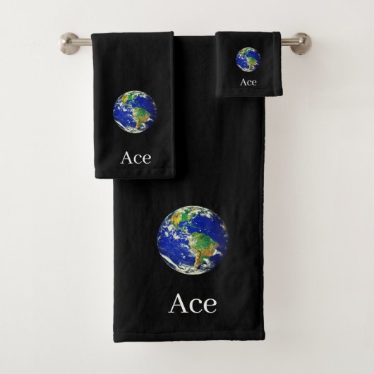 World Globe & Text on Black Bath Towel Set (Insitu)