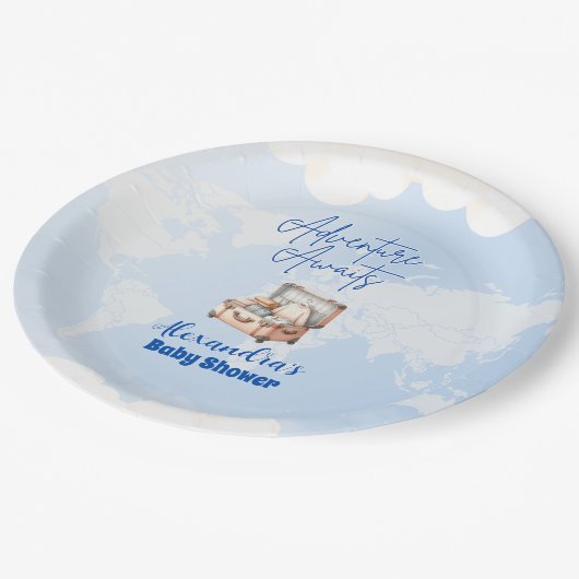 World Map Adventure erwartet Baby Shower Pappteller (Schrägansicht)