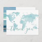 World Map Aqua Beach Wedding Destination Foto Dankeskarte (Vorne/Hinten)