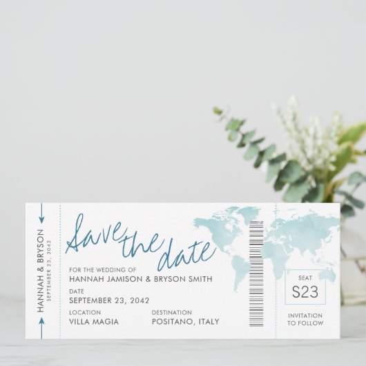 World Map Aquamarin Blue Boarding Pass Save the Da (Stehend Vorderseite)
