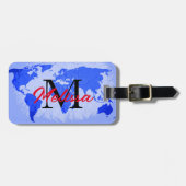 World Map Blue Monogram Traveller Individuelle Nam Gepäckanhänger (Vorderseite horizontal)