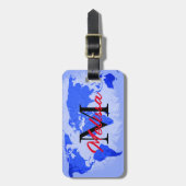 World Map Blue Monogram Traveller Individuelle Nam Gepäckanhänger (Vorderseite vertikal)