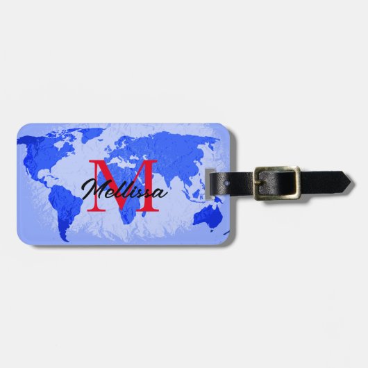 World Map Blue Monogram Traveller Name 2023 Gepäckanhänger (Vorderseite horizontal)