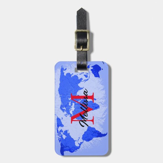 World Map Blue Monogram Traveller Name 2023 Gepäckanhänger (Vorderseite vertikal)