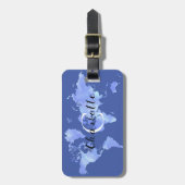 World Map Blue Reise Custom Monogram Name Gepäckanhänger (Vorderseite vertikal)