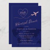 World Map Blue Rose Gold Reise Probe Dinner Einladung (Vorne/Hinten)