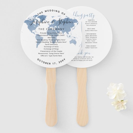 World Map Blue Travel Theme Wedding Program Fan Fächer (Vorne und Hinten)