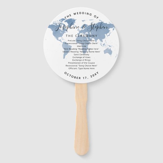 World Map Blue Travel Theme Wedding Program Fan Fächer (Vorderseite)