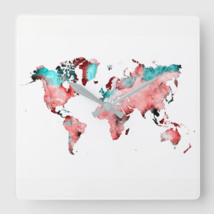 world map clock quadratische wanduhr