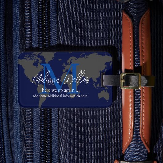 World Map Dark Blue Traveller Monogram Gepäckanhänger (Vorderseite Insitu 4)