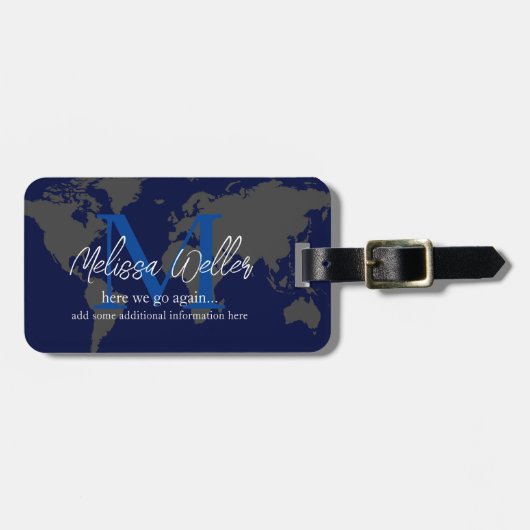 World Map Dark Blue Traveller Monogram Gepäckanhänger (Vorderseite horizontal)