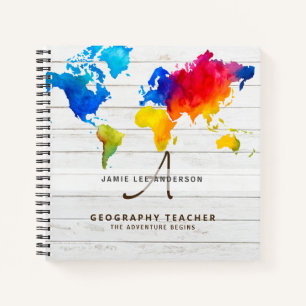 World Map GEOGRAPHY TEACHER Monogram Journal Notizblock