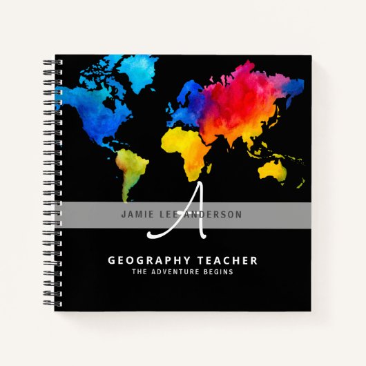 World Map GEOGRAPHY TEACHER Monogram Journal Notizblock (Vorderseite)