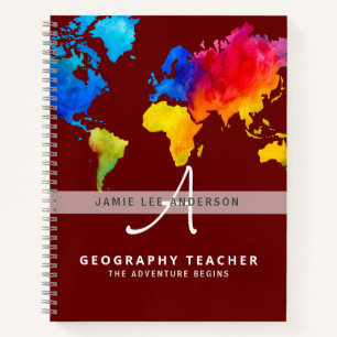 World Map GEOGRAPHY TEACHER Monogram Journal Notizblock