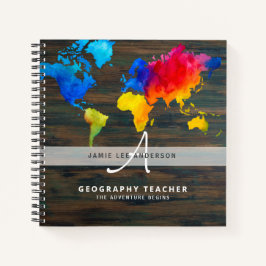 World Map GEOGRAPHY TEACHER Monogram Journal Notizblock