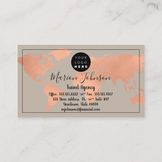 World Map Globe Map Reiseagentur Copper Rose Visitenkarte (Rückseite)