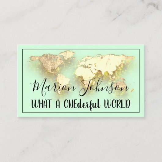 World Map Globe Map Reiseagentur Gold Logo Minze Visitenkarte (Vorderseite)