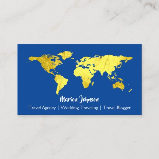 World Map Globe Map Reiselogo Blue Gold Visitenkarte (Vorderseite)