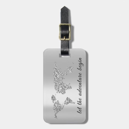 World Map Grey Address Lass The Adventure Begin Gepäckanhänger (Vorderseite vertikal)