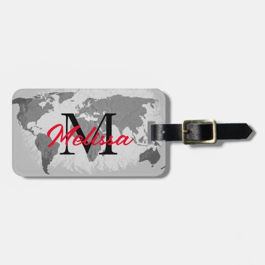 World Map Grey Red Monogram Traveller Individuelle Gepäckanhänger (Vorderseite horizontal)