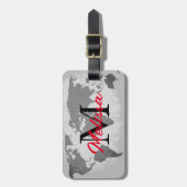 World Map Grey Red Monogram Traveller Individuelle Gepäckanhänger (Vorderseite vertikal)