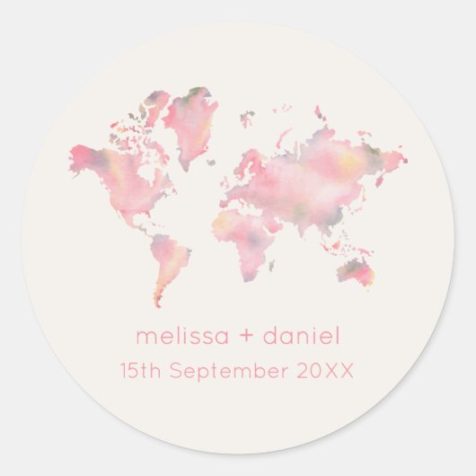 World Map in Pink Shades for Destination Wedding Runder Aufkleber (Vorderseite)