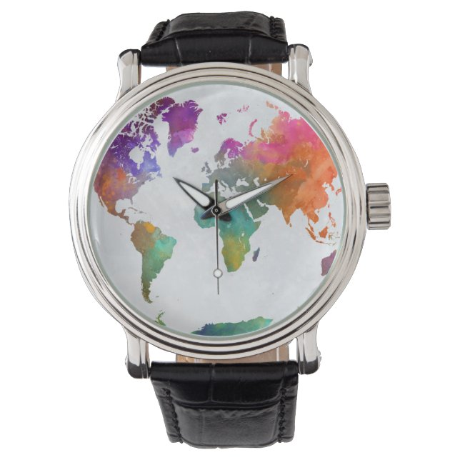 World Map In Watercolor Armbanduhr (Vorderseite)