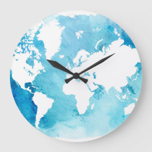 World Map In Watercolor Blues Große Wanduhr