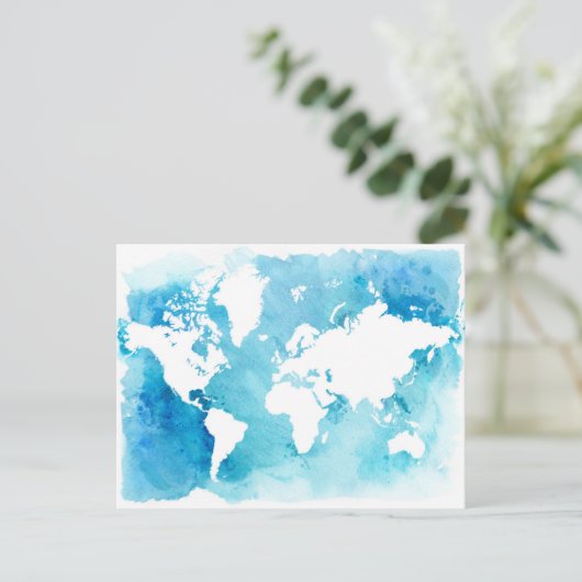 World Map In Watercolor Blues Postkarte (Stehend Vorderseite)