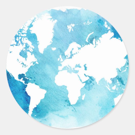 World Map In Watercolor Blues Runder Aufkleber (Vorderseite)