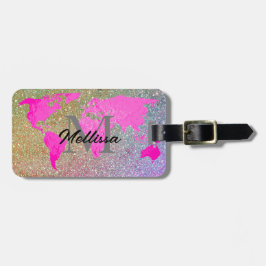 World Map Monogram Traveller Pink Gold Glitzer Coo Gepäckanhänger