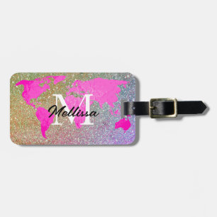 World Map Monogram Traveller Pink Gold Glitzer Ges Gepäckanhänger