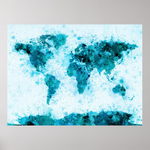 World Map Paint Splashes Blue Poster