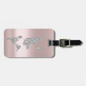 World Map Rose Gray Address Name Elegant Gepäckanhänger (Vorderseite horizontal)