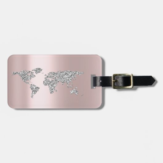 World Map Rose Gray Address Name Elegant Gepäckanhänger (Vorderseite horizontal)