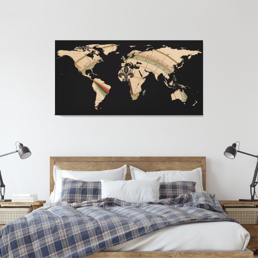 World Map Silhouette - Compass Rose Leinwanddruck (Insitu (Schlafzimmer))