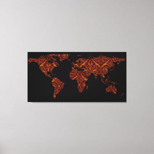 World Map Silhouette - Orange & Red Floral Patten Leinwanddruck (Vorderseite)