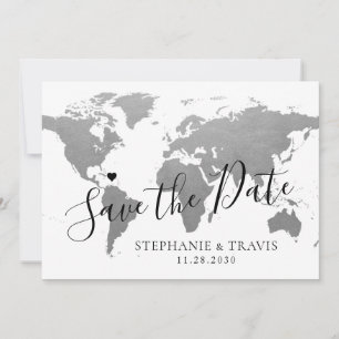 World Map Silver Gray Hochzeit in Urlaubsort Foto Save The Date