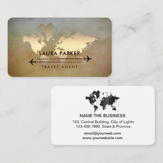 World Map Travel Agent Gold Tourism Airplane Visitenkarte (Vorne/Hinten)
