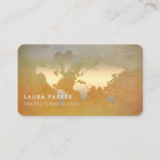 World Map Travel Agent Watercolor Gold Tourismus Visitenkarte (Vorderseite)