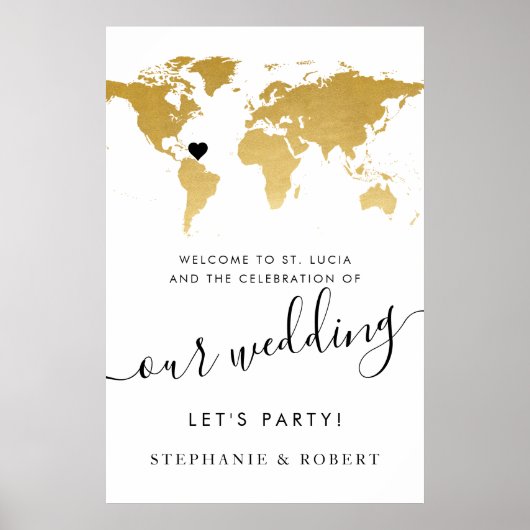 World Map Travel Wedding Gold Welcome Sign Poster (Vorne)