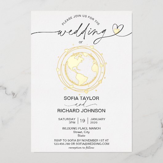 World Map Typografy Gold der Wedding Destination Folieneinladung (Vorderseite)