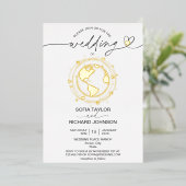 World Map Typografy Gold der Wedding Destination Folieneinladung (Stehend vorne)
