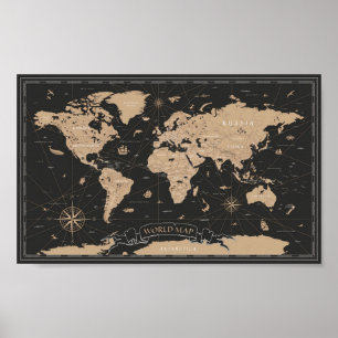 World Map Vintag Black Golden Poster