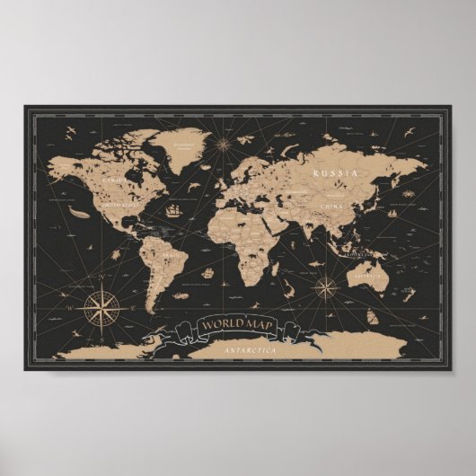 World Map Vintag Black Golden Poster (Vorne)