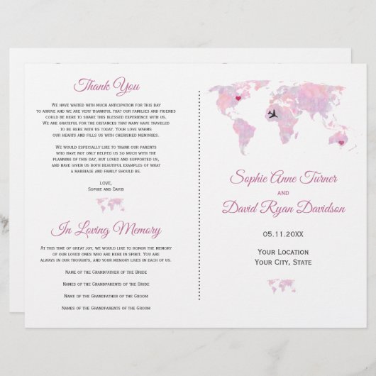 World Map Wedding Program für Zielwasserfarbe (Vorne/Hinten)