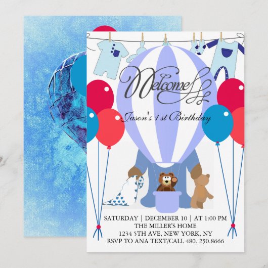 World of Blue Balloons Einladung zum ersten Geburt (Vorne/Hinten)